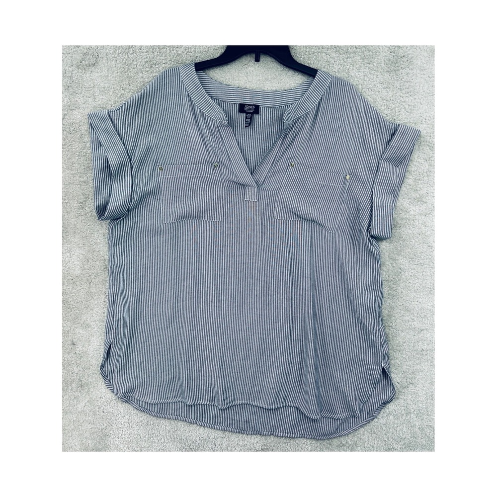 Jones New York Coastal Top Size 1X Navy White Stripe Nautical Flowy Workwear